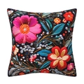 Decorative black cushion cover with 3D colorful floral embroidery patterns on white background - Black Base Colorful Embroidered Floral / 18x18 Inch