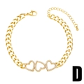 Gold link chain bracelet featuring three interlocking hollow heart charms with pave zircon - Triple Heart Style (D)