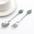 Mini stainless steel spoon and fork set with green agate stone handle ends - Green Aventurine