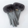 Winter thermal gray suede gloves with faux fur cuffs and touchscreen metal label - One Size / Gray