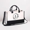 White and black canvas tote bag with letter L wreath print and adjustable shoulder strap - Zipper Crossbody Style-With Shoulder Strap / Beige Black-Letter L