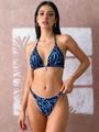 Detail of blue abstract print halter bikini top with a gold metal pendant accent - S / Blue