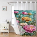 Detail of waterproof peony floral shower curtain with reinforced metal grommets for hanging - 181x188cm Single Shower Curtain / Peony Floral (SYL-3)