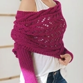 Woman wearing rose red hollow knit long shawl scarf with stylish sleeve design - Hollow Long Shawl / Rose Red