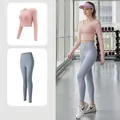 Rosa Langarm-Crop-Top und hellblaue High-Waist-Yoga-Leggings-Set für Damen - S / Oberteil Und Unterteil / Barbie Rosa + Grauseeblau