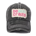 Distressed dark grey washed cotton baseball cap with beach crazy embroidered patch - Black