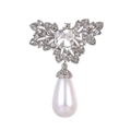 Silver vintage brooch with sparkling rhinestones and a large pear-shaped pearl pendant - Silver with White Stones(B152-B)