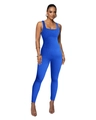Makro-Detail der blauen Rippstrick-Textur eines ärmellosen Yoga-Overalls mit eckigem Ausschnitt - S / Blau