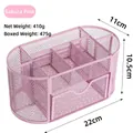 Detailed view of pink mesh desk organizer showing multiple compartments and small drawer - Pink