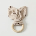 Beige cotton bunny ear teething ring for babies featuring a brown bear pattern - Brown Cartoon