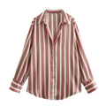 Chemisier en satin à rayures roses et vertes avec manches longues et col classique - Rose Multicolore