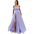 Lavender off-the-shoulder satin gown with high slit and elegant draped waistline - US size 14 / Top And Bottom / Violet