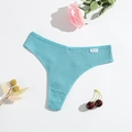 Flat lay of lake blue ribbed cotton thong with decorative flowers and cherries - M / Medium Blue