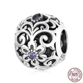 Vintage 925 sterling silver hollow charm with purple zircon and retro floral patterns - Classic Pattern (SCC2183)
