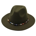 Olive green fedora hat with ethnic beaded band and wide brim for classic styling - One Size / Army Green (Obsidian Decoration)