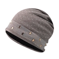 Detailed view of women's knitted beanie with rhinestones and warm fleece lining inside - Khaki