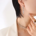 Silver jewelry set featuring amber zircon necklace and long earrings on a model - F640-Silver Color Champagne Zirconia Earrings