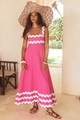 Detail of rose pink sundress featuring white scalloped trim edges and linen texture - Pink With White Scalloped Trim