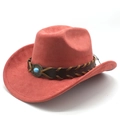 Detail of red-pink suede cowboy hat featuring woven leather band and turquoise stone - M (56-58cm) / Brick Red
