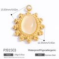 18k gold plated stainless steel sunburst pendant with cream oval stone and measurements - Gold Sun Pattern Cream Gem Pendant (PJ91503)