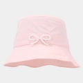 Close-up of pink bucket hat featuring a delicate pearl bow and wavy brim detail - Light Pink