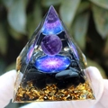 Healing orgone pyramid with amethyst sphere, obsidian base and glowing flower of life - Amethyst Ball Hexagram Flower / Small