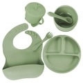 Sage green 6-piece silicone baby feeding set with suction plate, bowl and bib - 6-Piece All-Silicone Set / Army Green
