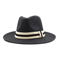 Classic black woven fedora straw hat with stylish cream and black striped ribbon band - M(56-58cm) / Black