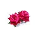 Floral hair comb with dual red silk roses and green leaves on silver metal pin - FS11-3 Rose Red