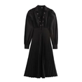 French style pleated black dress with puffed sleeves and waist-cinching lace-up detail - XS / Black