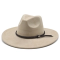 Detailed macro view of the beige fedora hat showing woven band and silver metal buckle - M (56-59cm) / Light Camel Faux Suede