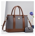 Detailed view of grey canvas and brown leather tote bag with matching mini pouch and sun charm - Grey Stitching Brown (Black)