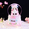 Pink anime girl musical snow globe with Lovely base and warm LED fairy light background - Large 100mm Snow + Light / Pink Base