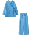 Blue quilted thermal lounge set featuring V-neck wrap top and matching trousers - XS / Sky Blue Set