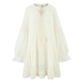 Boho gebroken witte jurk met lange mouwen, kwastjes en gelaagde ruches aan de zoom - S / Broken Wit