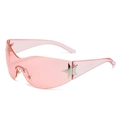 Pink Y2K rimless shield sunglasses with silver star detail and sleek oversized lens - Pink Frame Pink Lens