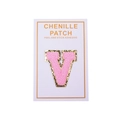 Pink chenille letter V patch with gold sequins and peel and stick adhesive backing - Letter V