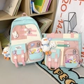 Three-piece school backpack set in blue and pink pastel colors with plush rabbit pendant - 2-Piece Set (Backpack + Shoulder Bag) with Accessories / Green