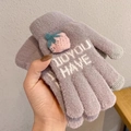 Winter thermal knit grey gloves with 3D pink strawberry decor and touch screen fingertips - Strawberry / Gray