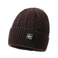 Dark coffee cable knit winter beanie hat with branding label for cold protection - Coffee