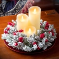Trois bougies LED ivoire dans une couronne de Noël enneigée avec baies et plateau rouge - 1 Pièce
