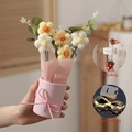 Detail of hand-knitted flower bouquet with pink vase, gift bag and LED string light - With Light + Bag / White + Pale Yellow