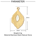 Detailed dimension view of gold leaf pendant with white stone measuring 26mm by 14mm - VG874/Leaf/White Stone