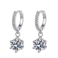 Close-up of silver hoop earrings featuring a six-prong set round zircon stone drop - Six-Claw Hoop Earrings (ED53)