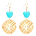 Bohemian style heart turquoise earrings with golden spiral metal disc pendants - Gold Spiral Round (4546)