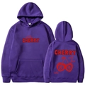 Sweat à capuche violet avec motif cerise et lettrage CHERRY imprimé à l'avant et au dos - Violet