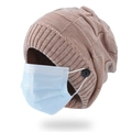 Hellbraune Strickmütze mit Seitenknöpfen für Masken und strukturiertem Karomuster - Rosa (Knopf-Stil)