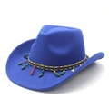 Close-up of royal blue wool cowboy hat with colorful ethnic beads and tassel hatband - M (56-58cm) / Sapphire Blue