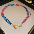Multi-strand beaded necklace with blue and pink gradient and golden cat clasp - 30# Cat Clasp Blue Pink Gradient Necklace / Pale Blue