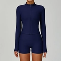 Slim fit dark blue ribbed yoga jacket and matching high-waist shorts set for women - S / Navy Blue